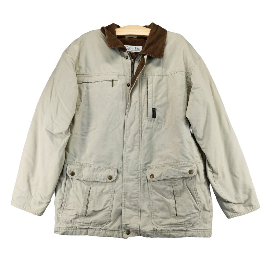 Columbia Mens Full Zip Coat Corduroy Collar Size L Beige Cargo Pockets